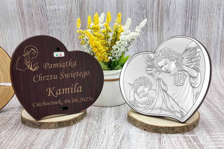 OBRAZEK Srebrny VALENTI Anioł Latarnia 10.5x9 Prezent na Chrzest z GRAWEREM